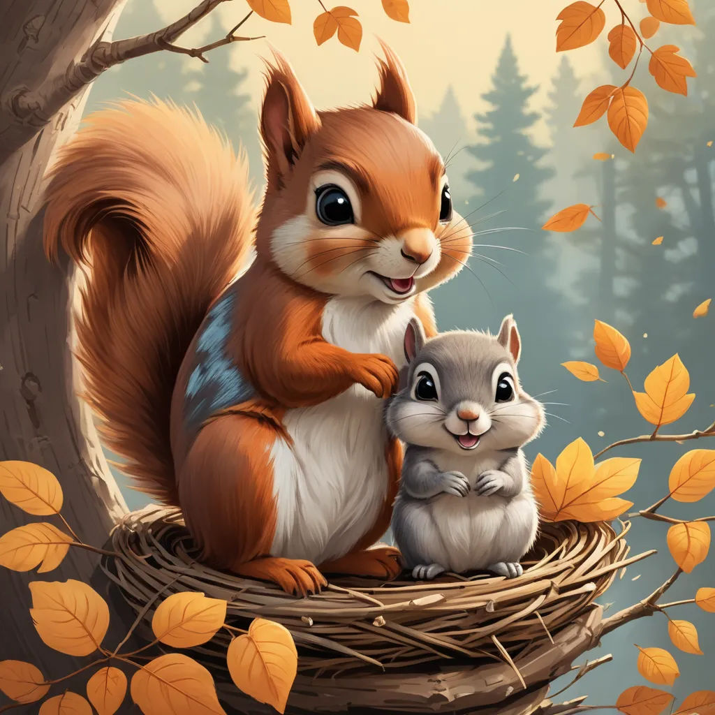 a squirrel and a squirrelling are sitting on a nest in the woods with leaves on the ground and a tree in the background, american scene painting, a digital painting, Chris LaBrooy, trending on art station