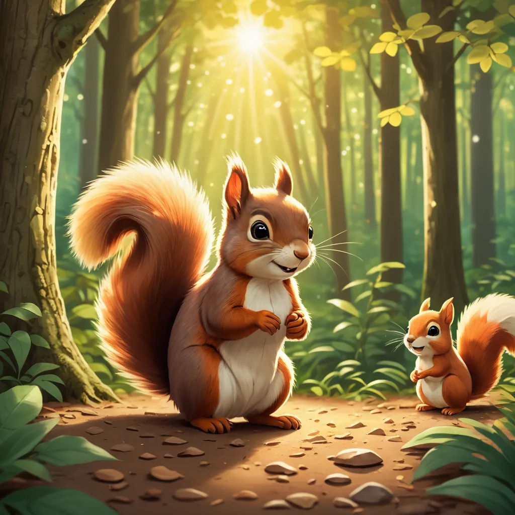 a squirrel and a squirrelling in a forest with sunlight shining through the trees and leaves on the ground, sots art, a digital painting, Chris LaBrooy, official art