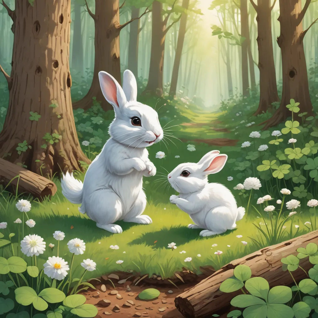 a painting of two rabbits in a forest with flowers and trees in the background, with sunlight shining through the trees, furry art, a storybook illustration, Chris Rallis, official art