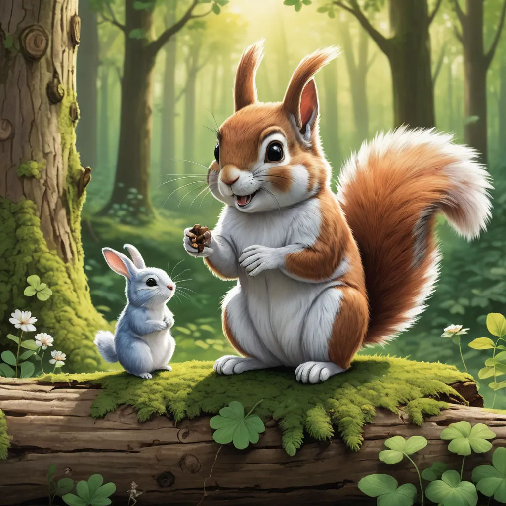 a squirrel and a bunny are sitting on a log in the woods, eating a nut from a tree, furry art, a storybook illustration, Chris LaBrooy, official art
