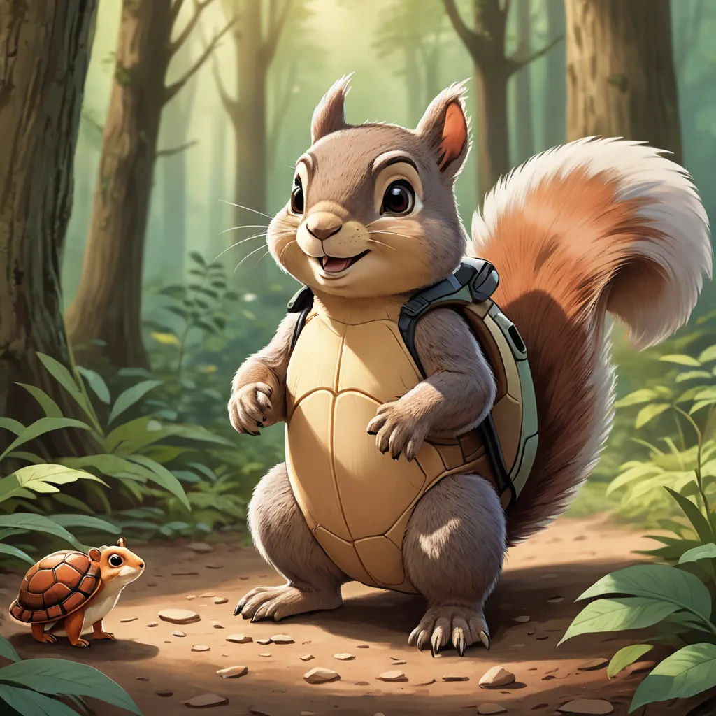 a squirrel is standing on its hind legs in the woods with a backpack on its back and a turtle on its back, sots art, concept art, Chris LaBrooy, official art