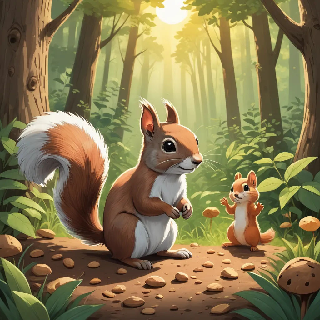 a squirrel and a squirrelling in a forest with rocks and trees and sunlight shining through the trees and leaves, sots art, a storybook illustration, Chris LaBrooy, official art