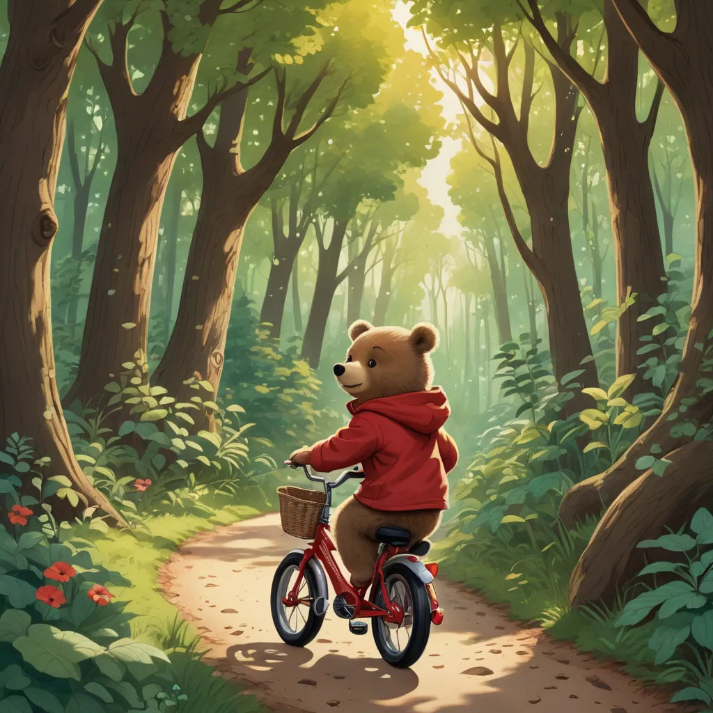 a teddy bear riding a bike through a forest filled with trees and flowers, with a path leading to the forest, furry art, a storybook illustration, Chris LaBrooy, official art