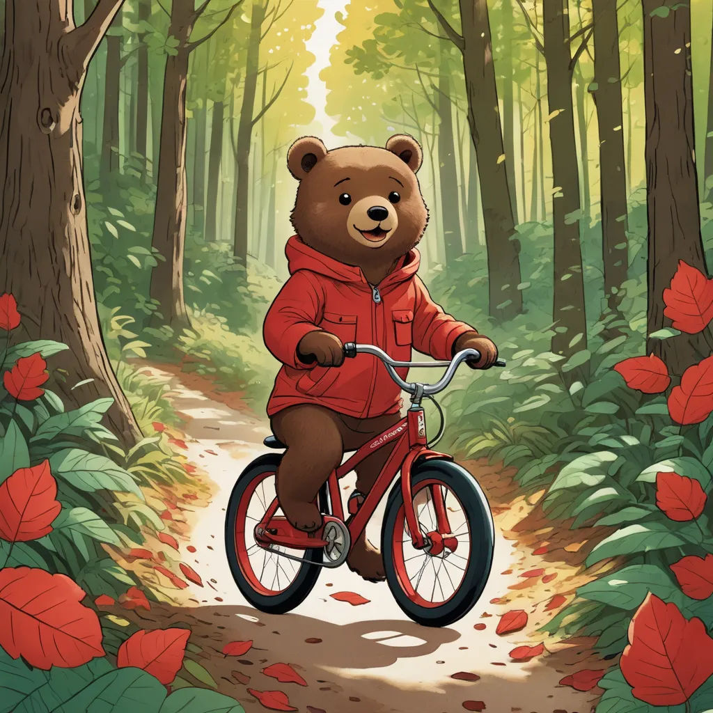 a bear in a red jacket riding a bike in a forest with red flowers and leaves on the ground, furry art, a storybook illustration, Dan Mumford, josan gonzales and dan mumford