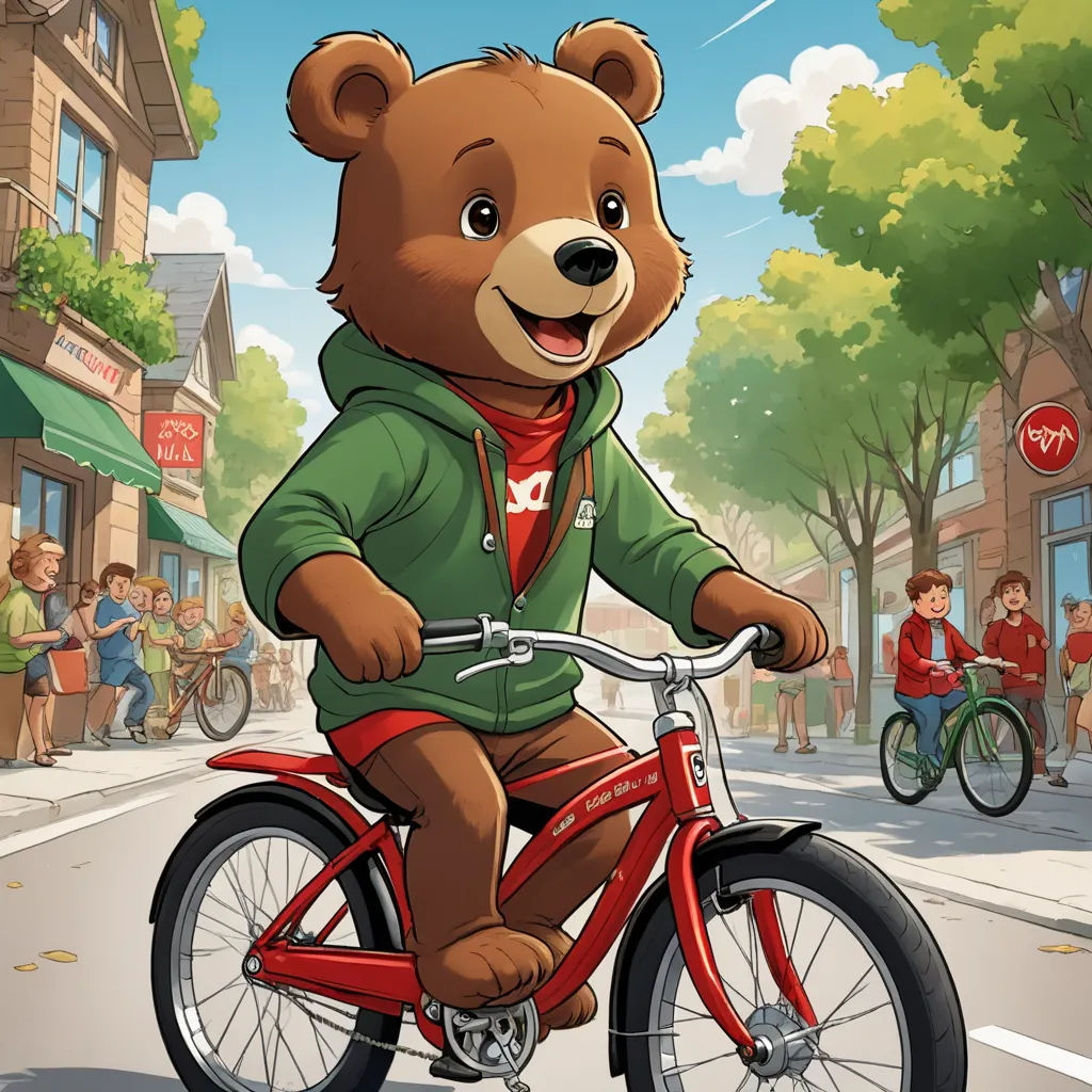 a cartoon bear riding a red bike down a street with people on bikes behind him and a man on a bicycle behind him, furry art, a character portrait, Bob Thompson, key art
