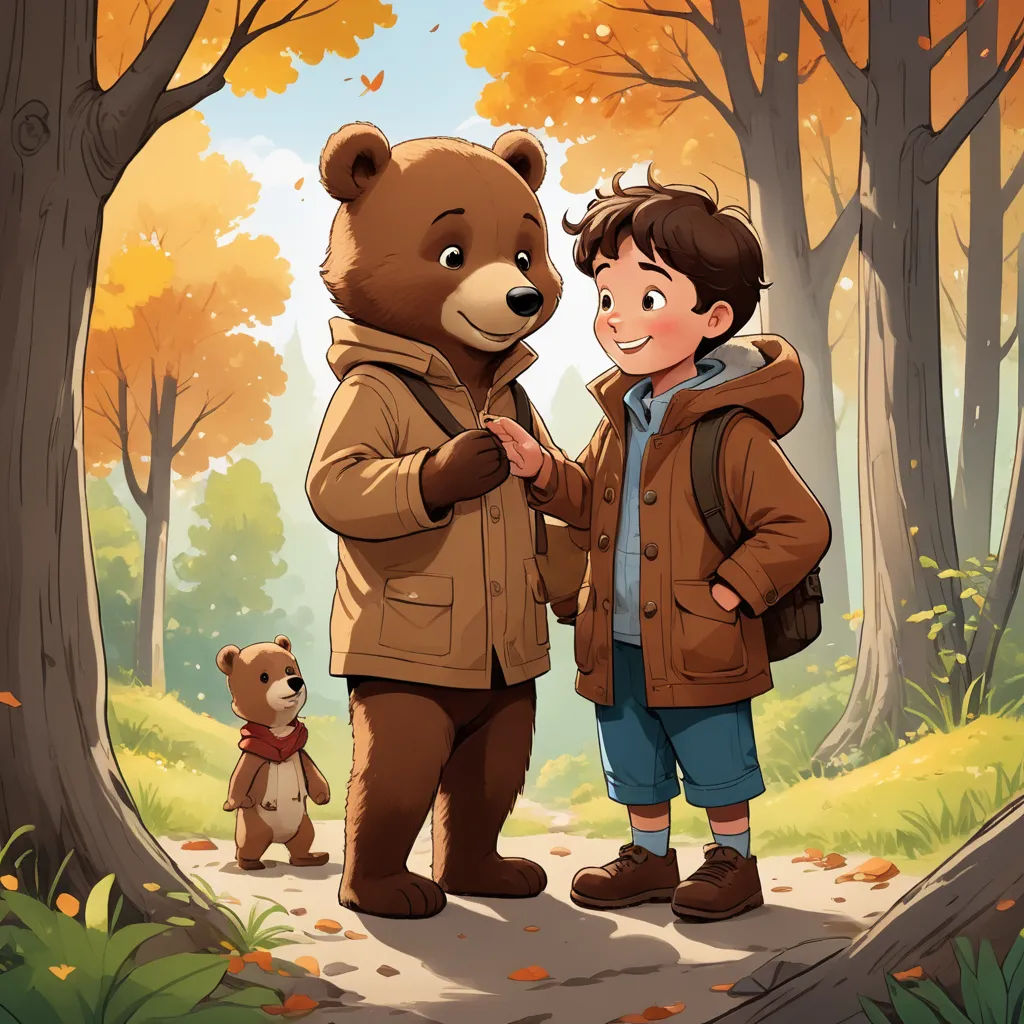 a boy and a bear standing in a forest with trees and leaves on the ground and a boy holding a teddy bear, serial art, a storybook illustration, Diego Gisbert Llorens, official art