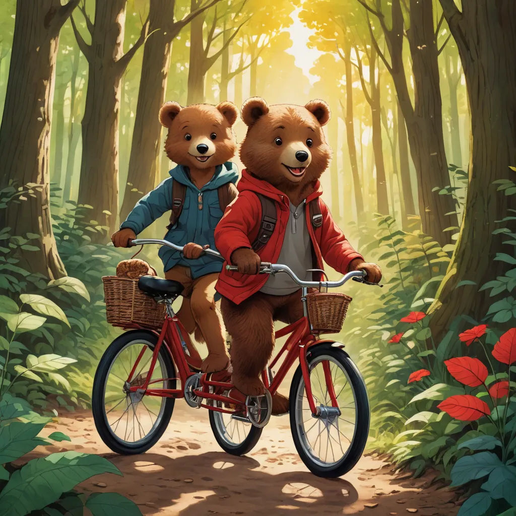 a painting of two teddy bears riding a bike in the woods with red flowers and trees in the background, furry art, poster art, Bob Byerley, official art