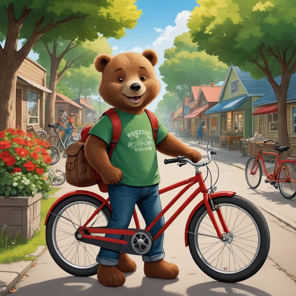 a teddy bear is standing on a red bike in a town street with a red bicycle and a red flower pot, american scene painting, a storybook illustration, Bob Byerley, kinkade