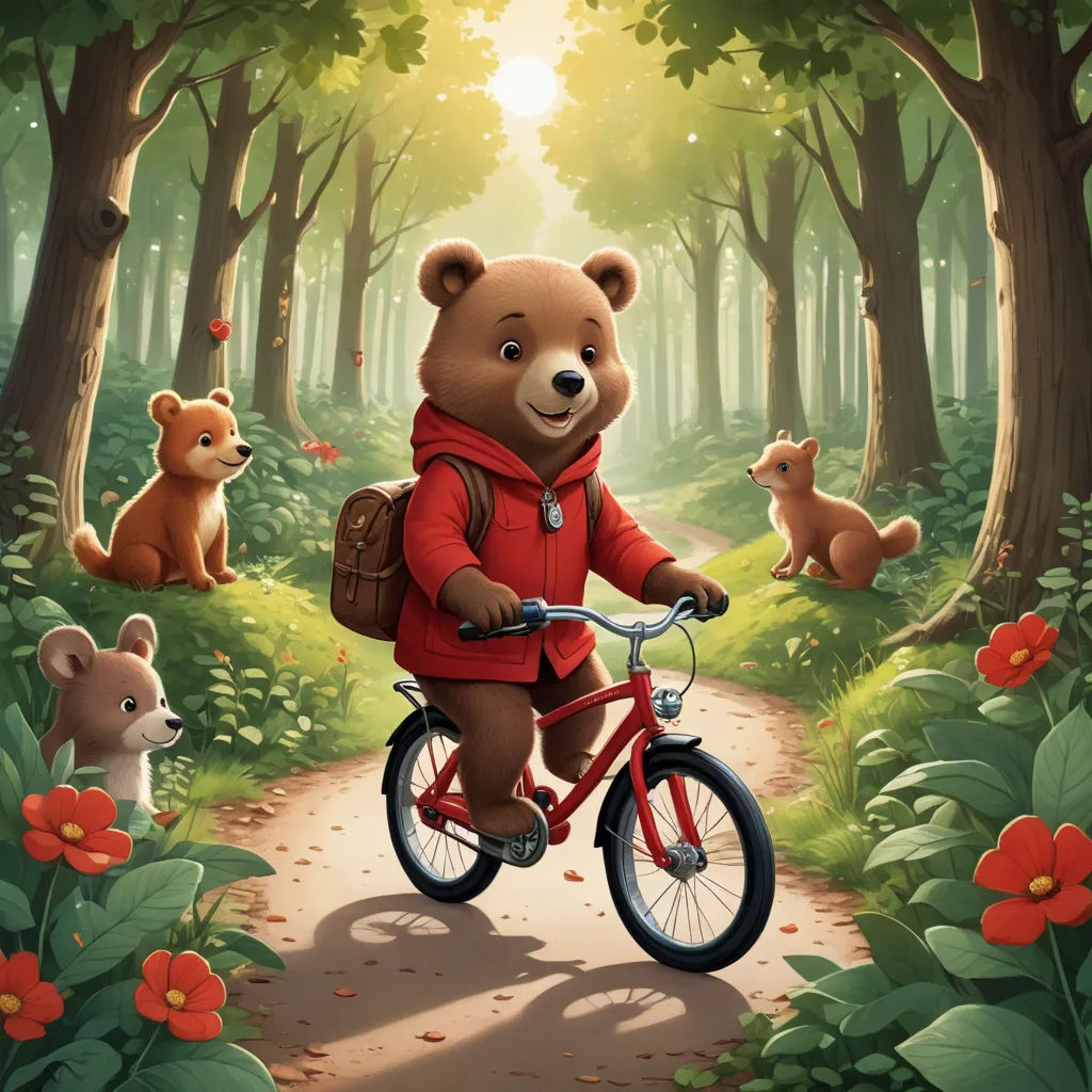 a bear riding a bike through a forest filled with animals and flowers, with a red jacket on and a red backpack on, furry art, a storybook illustration, Chris LaBrooy, official art