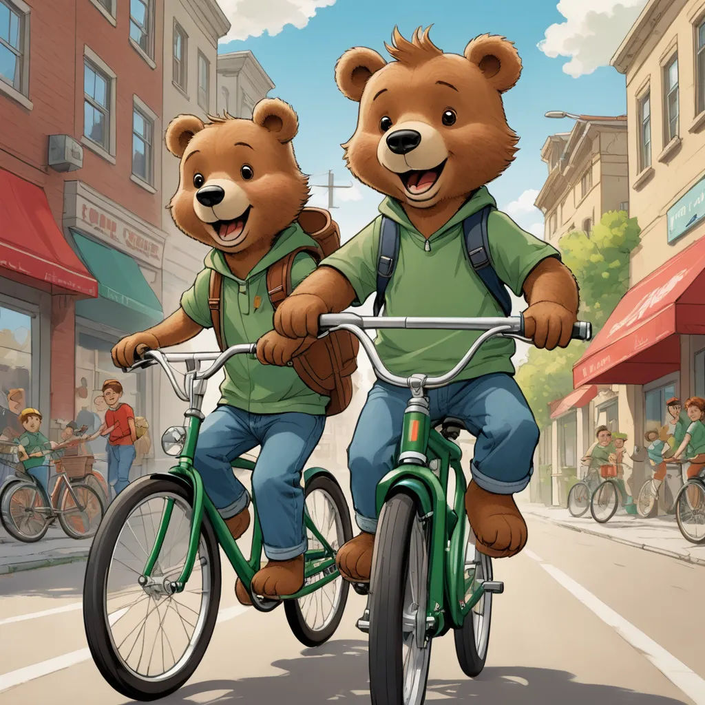 two teddy bears riding on the back of a bicycle in a city street with people on bicycles behind them, furry art, concept art, Brothers Hildebrandt, promotional image