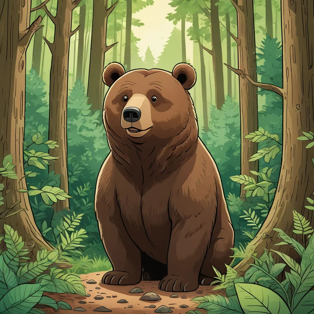 a bear sitting in the middle of a forest with trees and leaves around it, with a path leading to the bear, furry art, a character portrait, Dan Mumford, official art
