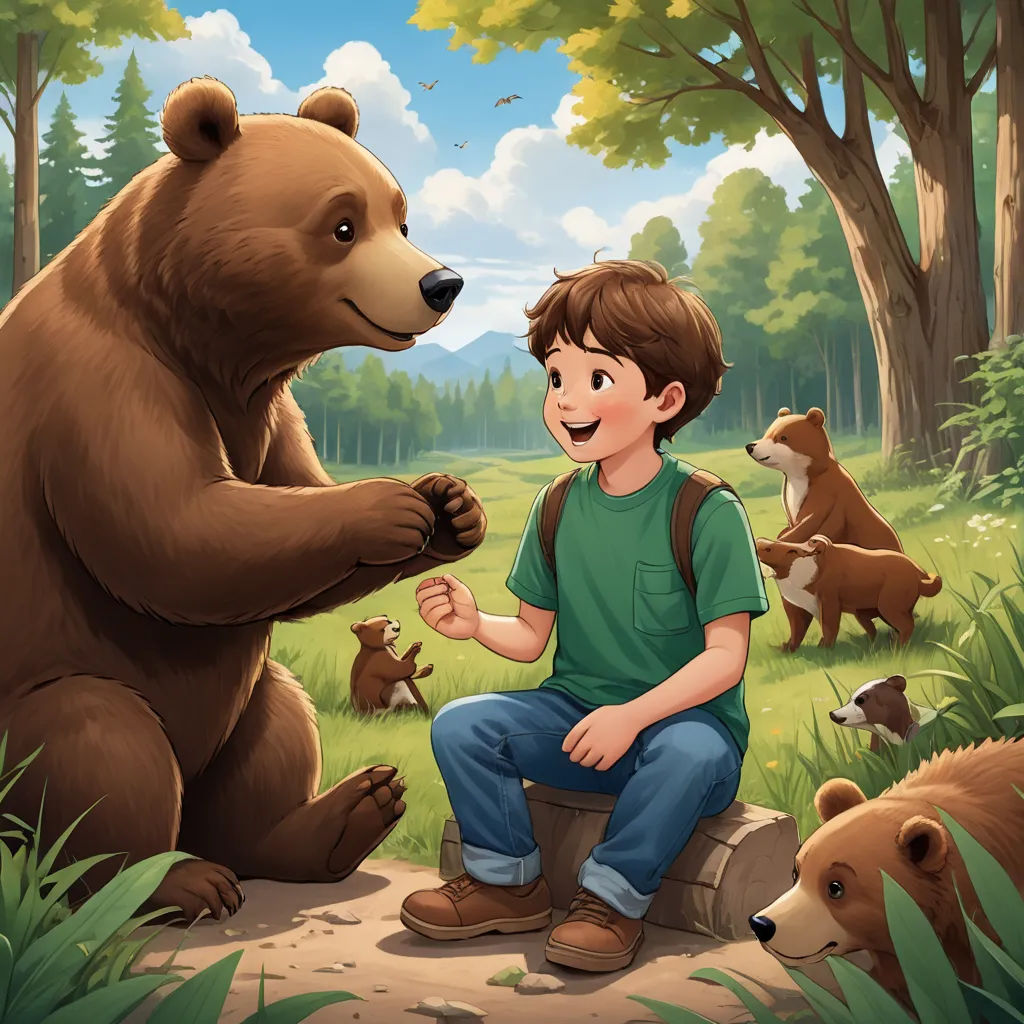 a boy sitting on a log with a bear and other bears in the background, and a forest scene with trees and grass, sots art, a storybook illustration, Aaron Jasinski, official art