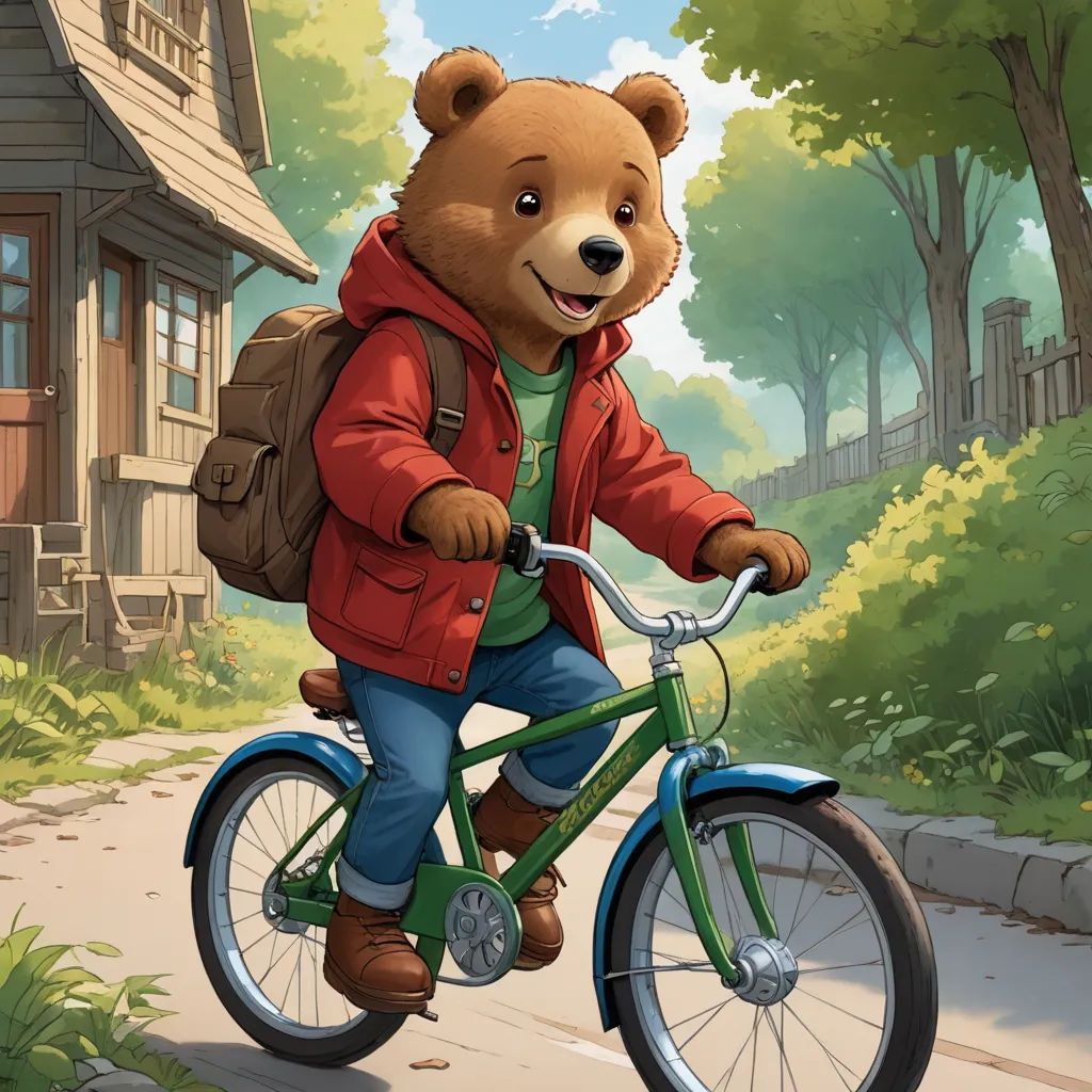 a cartoon bear riding a bike down a street with a house in the background and trees and bushes around it, furry art, a storybook illustration, Aaron Jasinski, kinkade