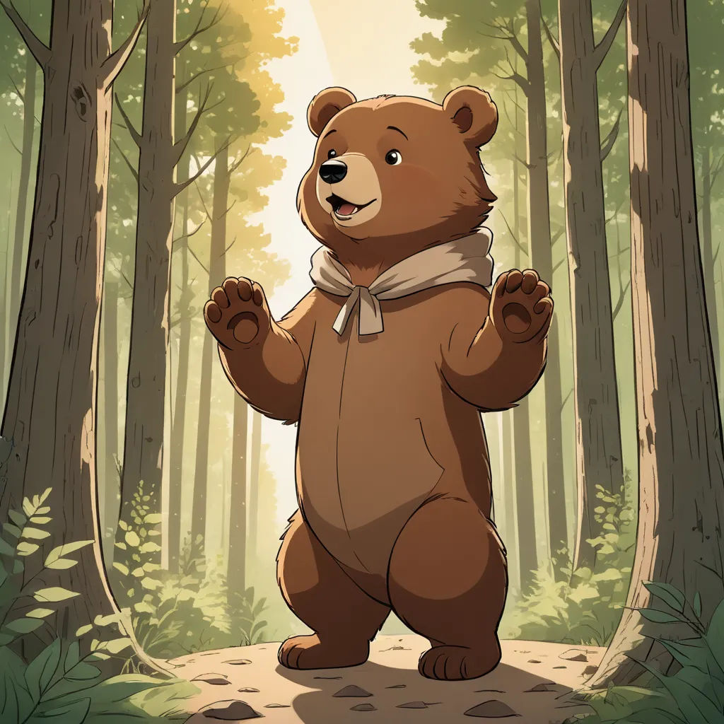 a brown bear standing in the middle of a forest with trees and leaves on the ground and a light shining through the trees, furry art, a character portrait, Brom, official art