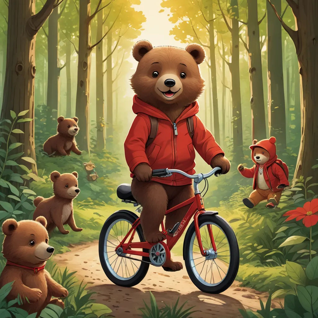 a bear riding a bike in the middle of a forest with other bears around it and a person on the bike, serial art, a storybook illustration, Chris LaBrooy, key art