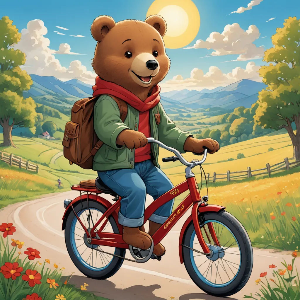 a cartoon bear riding a red bike down a road with a red backpack on it's back and a red backpack on its back, furry art, a character portrait, Chris LaBrooy, official art