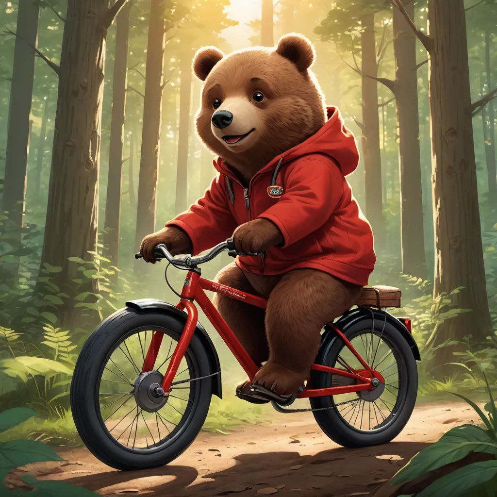 a bear riding a bike in the woods with a red jacket on and a red hoodie on,, sots art, a character portrait, Chris LaBrooy, key art