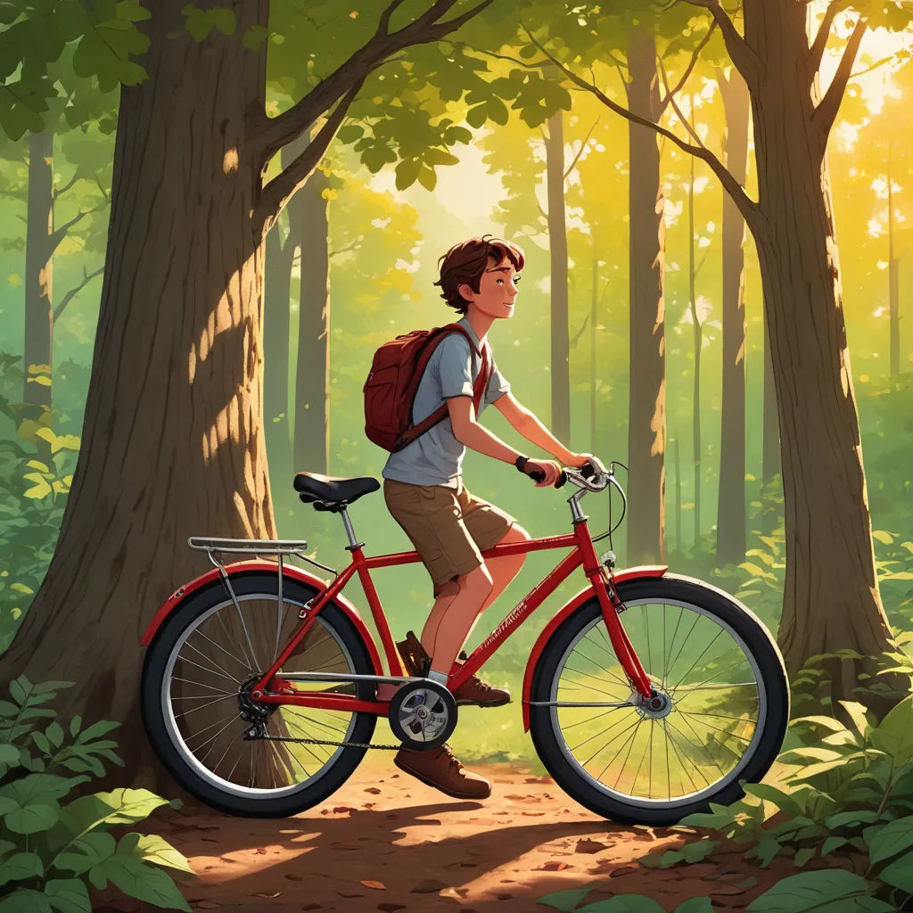 a man riding a red bike through a forest filled with trees and leaves on a sunny day with a backpack on his back, american scene painting, a storybook illustration, Aaron Jasinski, rossdraws global illumination