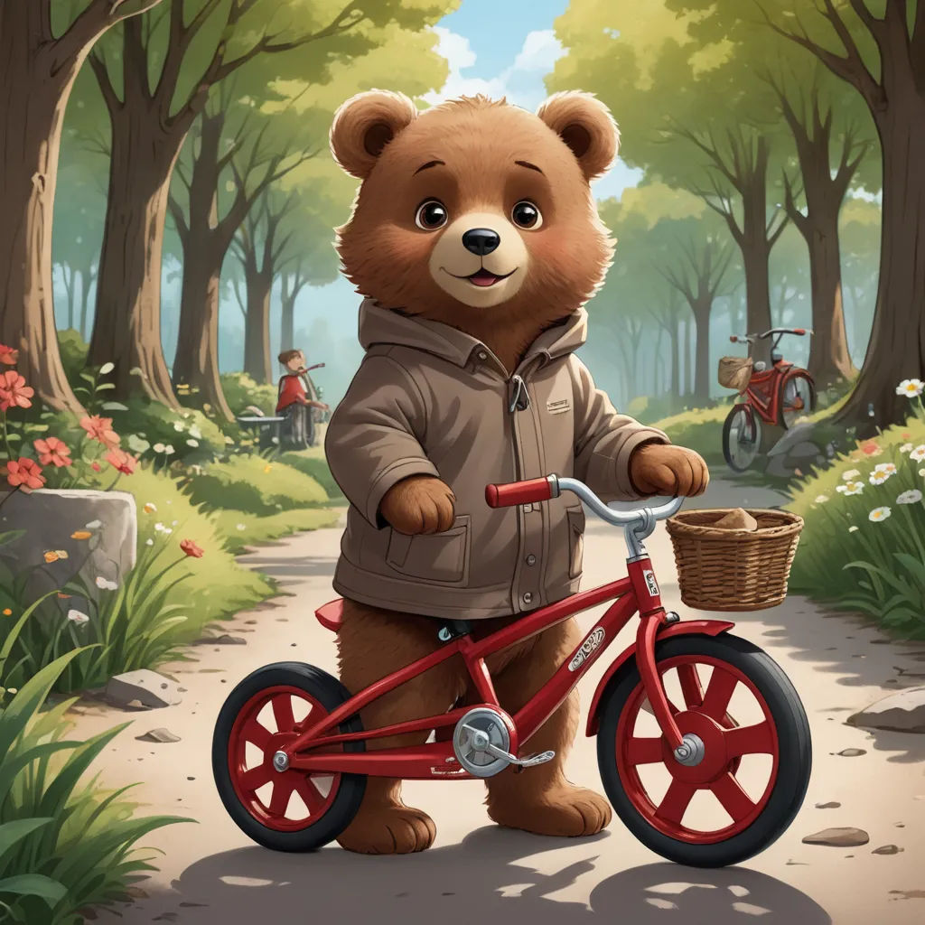 a bear is riding a bike in the woods with a basket on the front of it and a person on the back of it, furry art, a character portrait, Chris LaBrooy, official art
