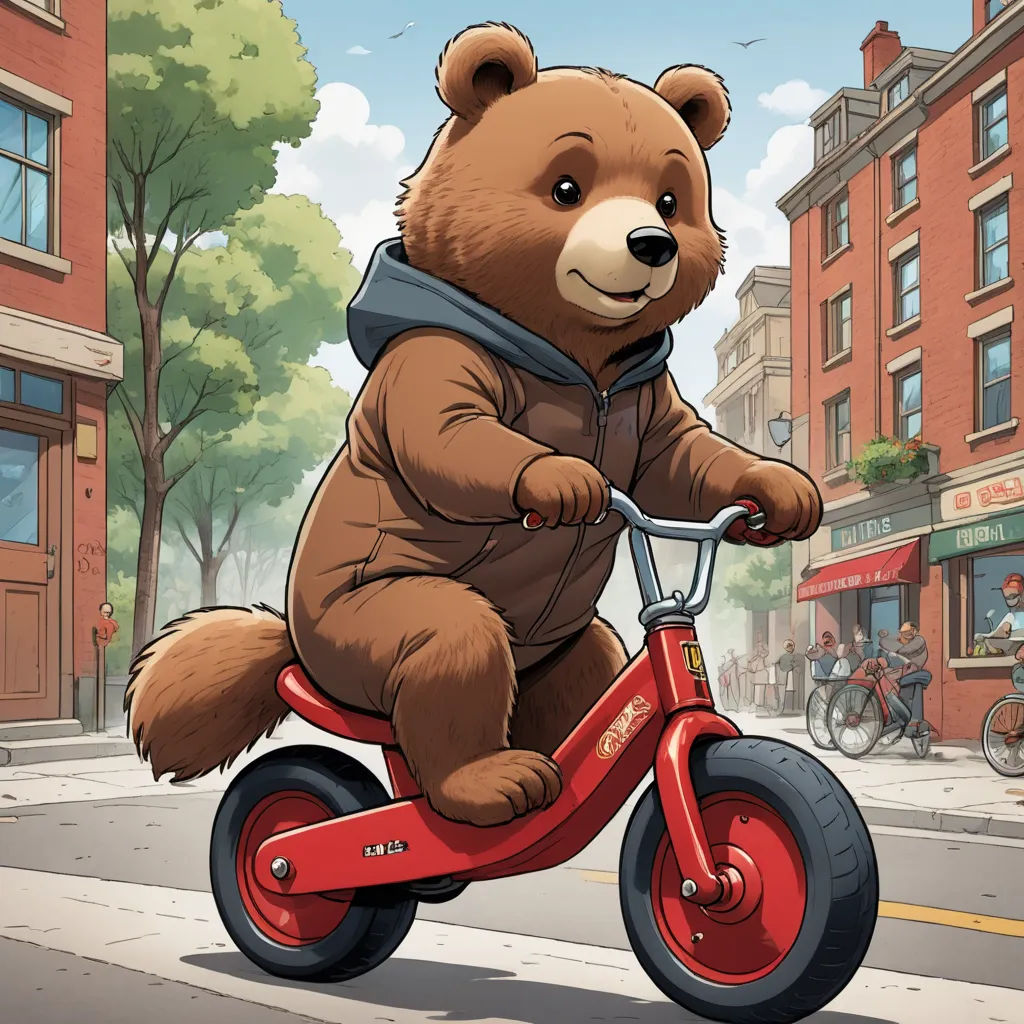 a teddy bear riding a red bike down a street with buildings in the background and a bicyclist riding by, furry art, a character portrait, Chris LaBrooy, official art