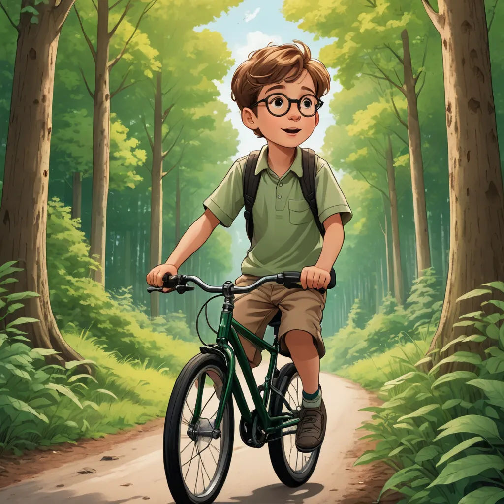a boy riding a bike in a forest with trees and bushes on either side of him and a trail in the background, serial art, a storybook illustration, Aaron Jasinski, official art