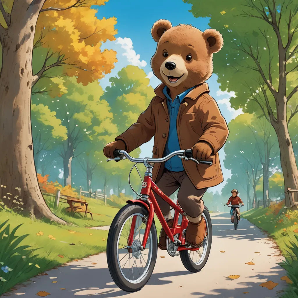 a teddy bear riding a red bike down a road next to a forest filled with trees and a person riding a bike, furry art, a storybook illustration, Chris LaBrooy, official art