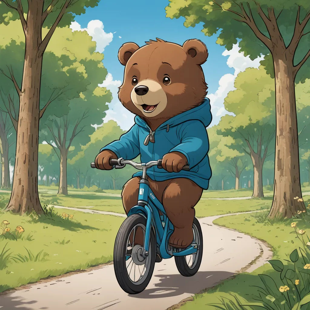 a cartoon bear riding a bike down a path in the woods with trees and grass on both sides of the path, furry art, a character portrait, Chris LaBrooy, official art