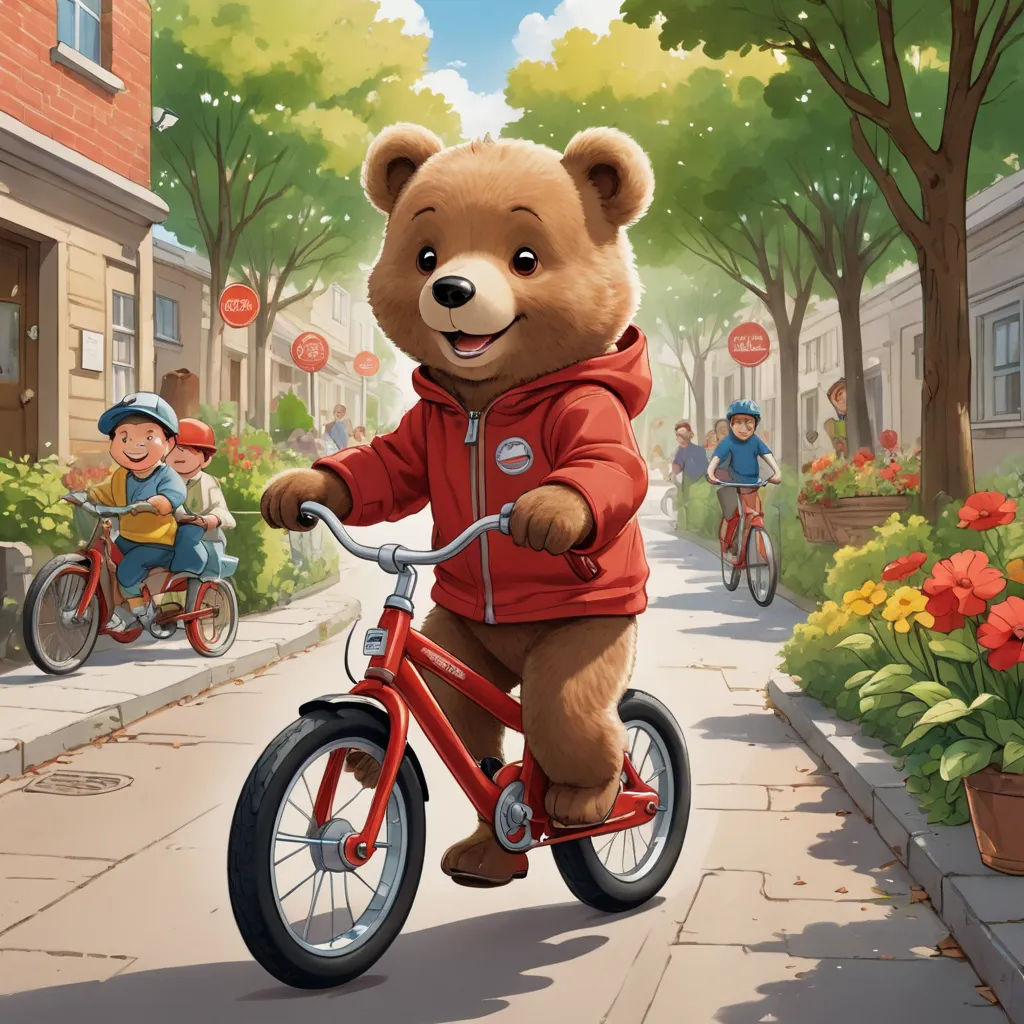 a teddy bear riding a red bike down a street next to a park with people riding bikes and a boy on a bike, furry art, a storybook illustration, Chris LaBrooy, official art