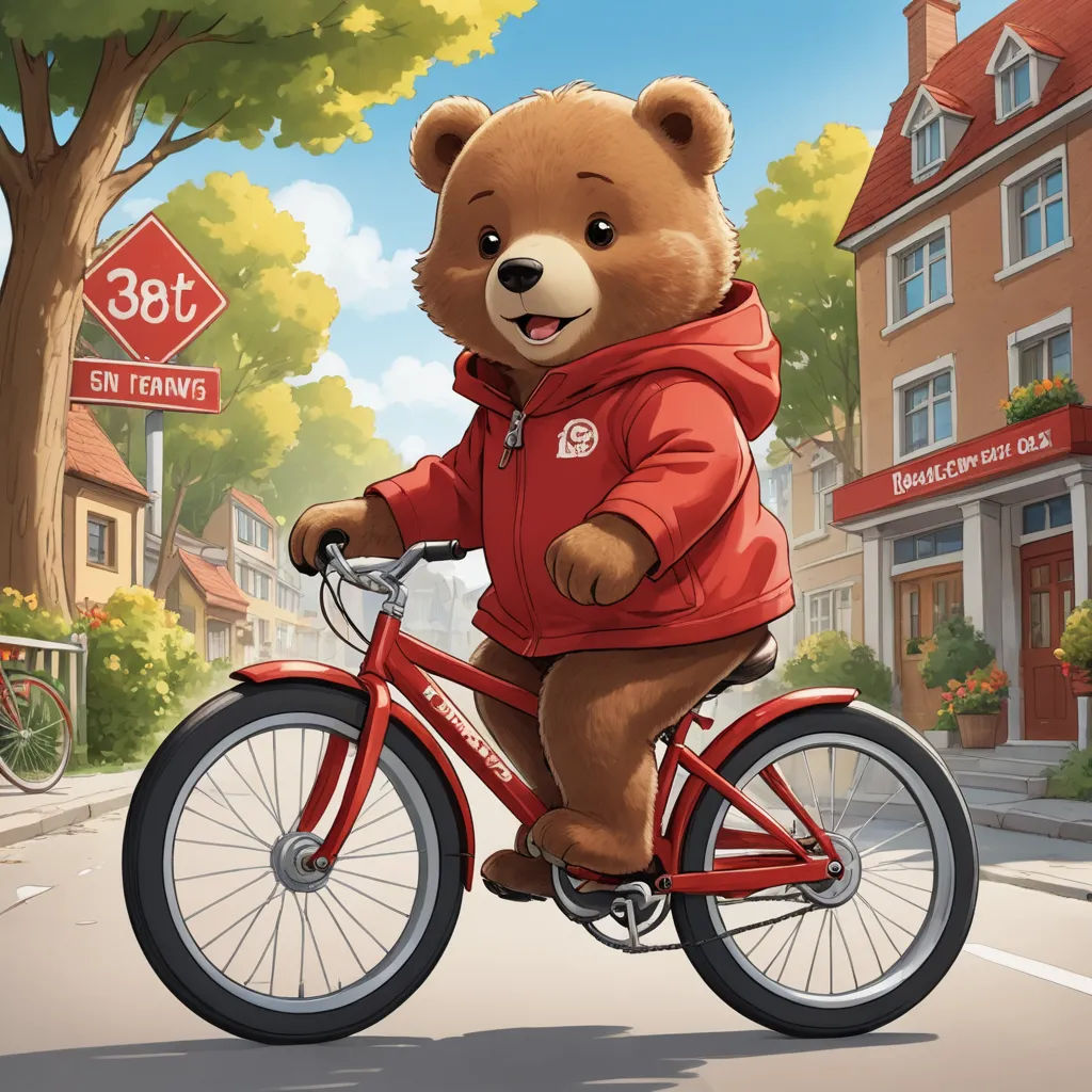 a teddy bear riding a red bike down a street with a red stop sign in the background and a red stop sign in the foreground, furry art, a storybook illustration, Chris LaBrooy, official art