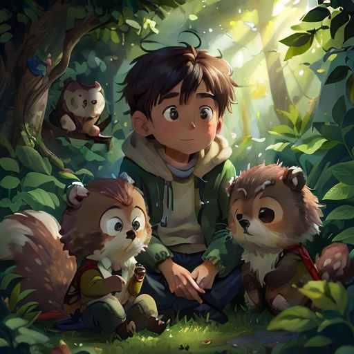 a boy sitting in the woods with two small animals next to him and a squirrel on his lap,