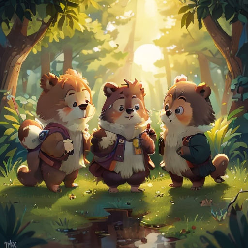 three little bears are standing in the woods together, with the sun shining through the trees behind them and the ground