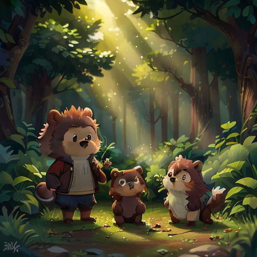 a group of animals standing in the middle of a forest with sunlight shining through the trees and leaves on the ground