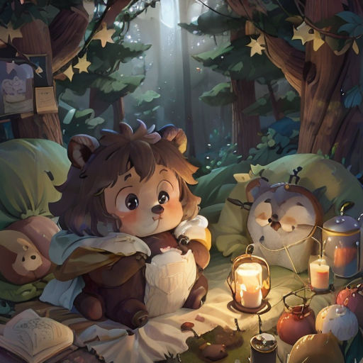 a little girl sitting on a bed next to a bear and a lantern in a forest with a bear