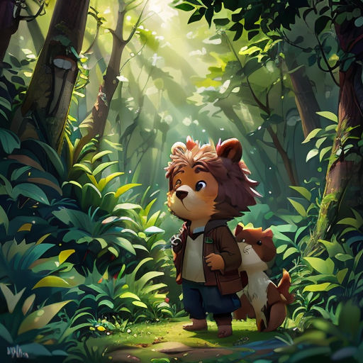 a cartoon bear in the middle of a forest with a light shining on it's face and a forest floor