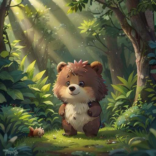 a brown bear standing in the middle of a forest filled with trees and grass and a squirrel on the ground