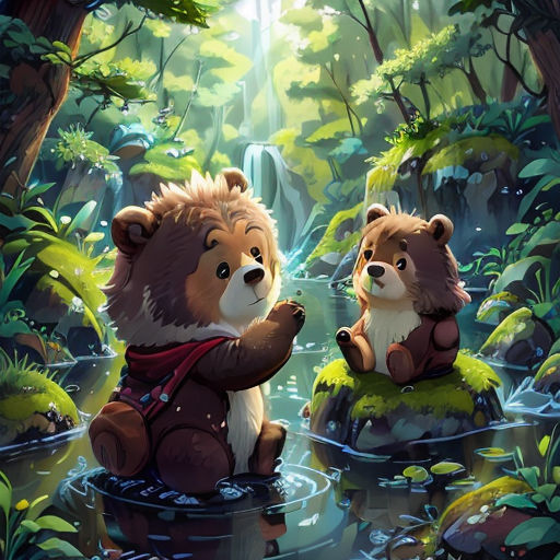 two bears sitting on rocks in a forest with a waterfall in the background and a waterfall in the foreground
