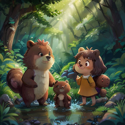 a girl and two bears in a forest with a stream of water and trees in the background, with sunlight streaming through the trees