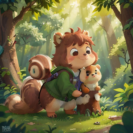 a little girl is hugging a squirrel in the woods with a squirrel on her back and a squirrel on her lap