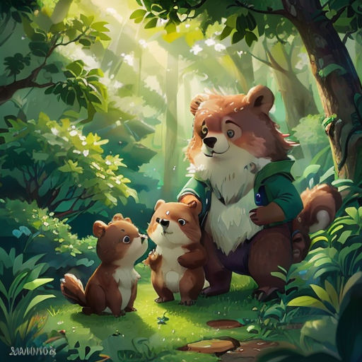 a painting of a fox and her cubs in the woods with sunlight streaming through the trees and leaves on the ground