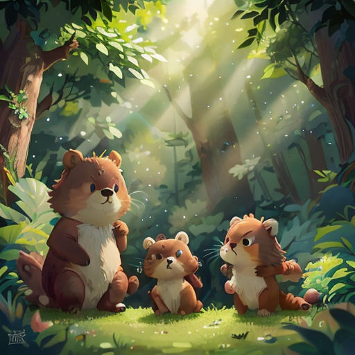 a group of animals sitting in the middle of a forest with sunlight shining through the trees and leaves on the ground