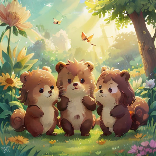 three bears are sitting in the grass near a tree and a butterfly flying overhead in the sky above them