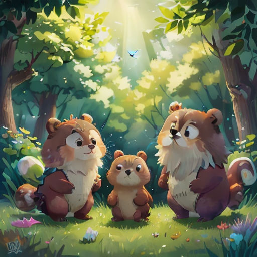 a painting of three bears in the woods with a butterfly flying overhead in the background, and a butterfly flying overhead in the foreground
