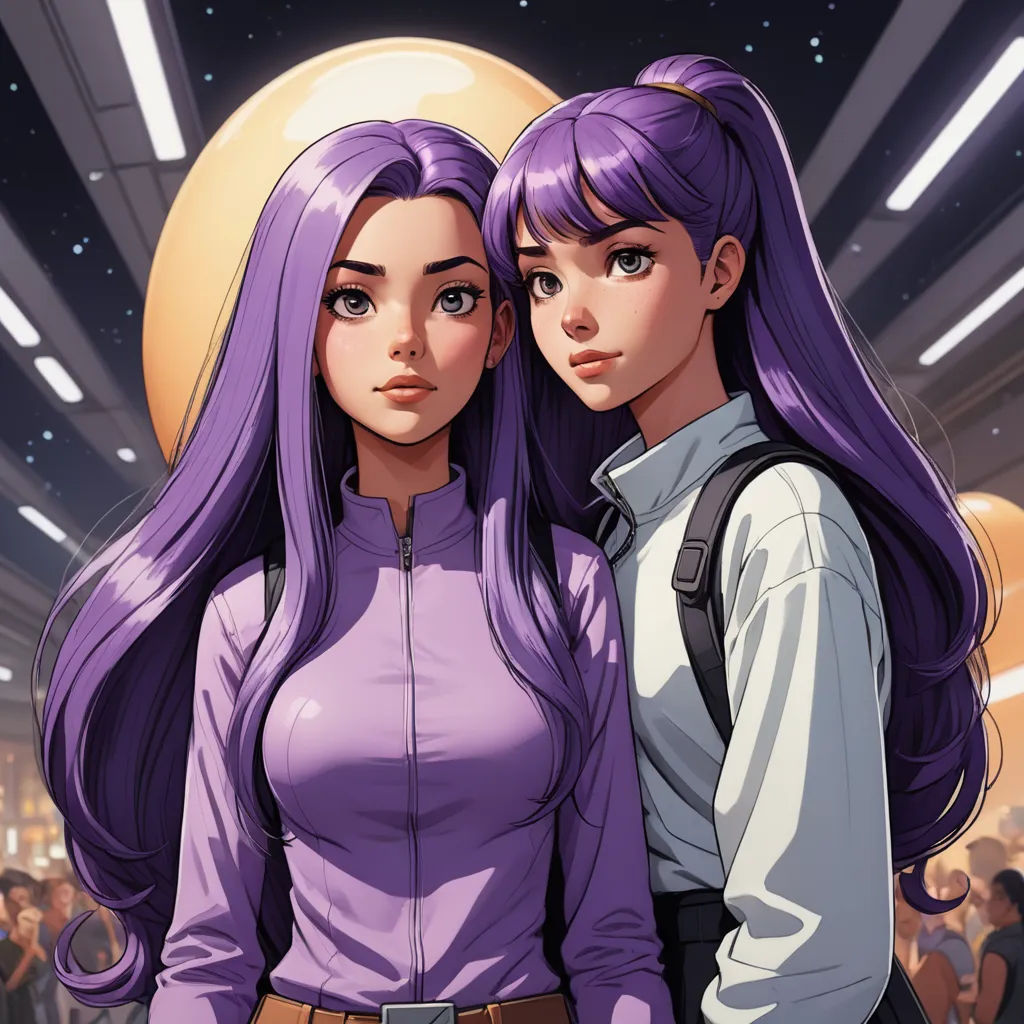 two women standing next to each other in a room with people in the background and a full moon in the sky, space art, a comic book panel, Artgerm, comic cover art