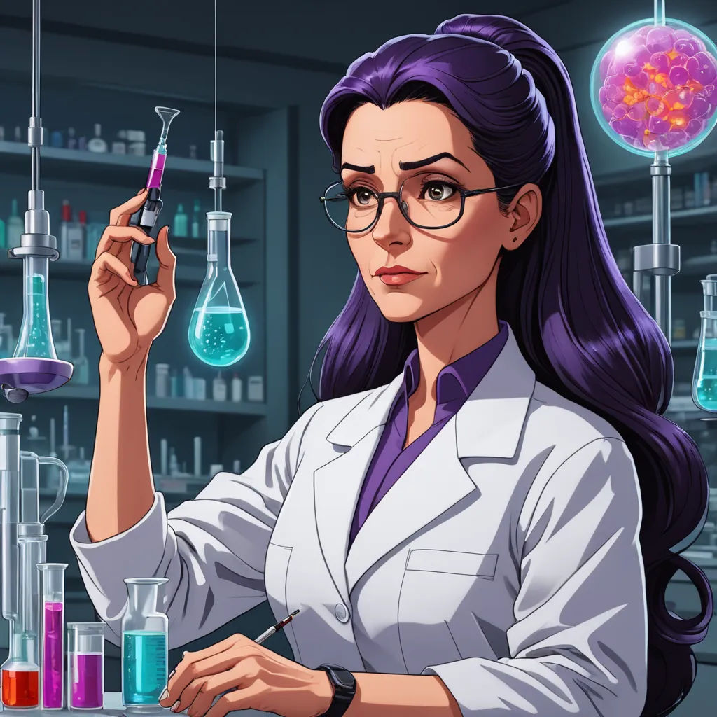 a woman in a lab coat holding a pipe and a beakle with a liquid inside of it and a lot of flasks hanging from the ceiling, remodernism, a character portrait, Constance Gordon-Cumming, official art