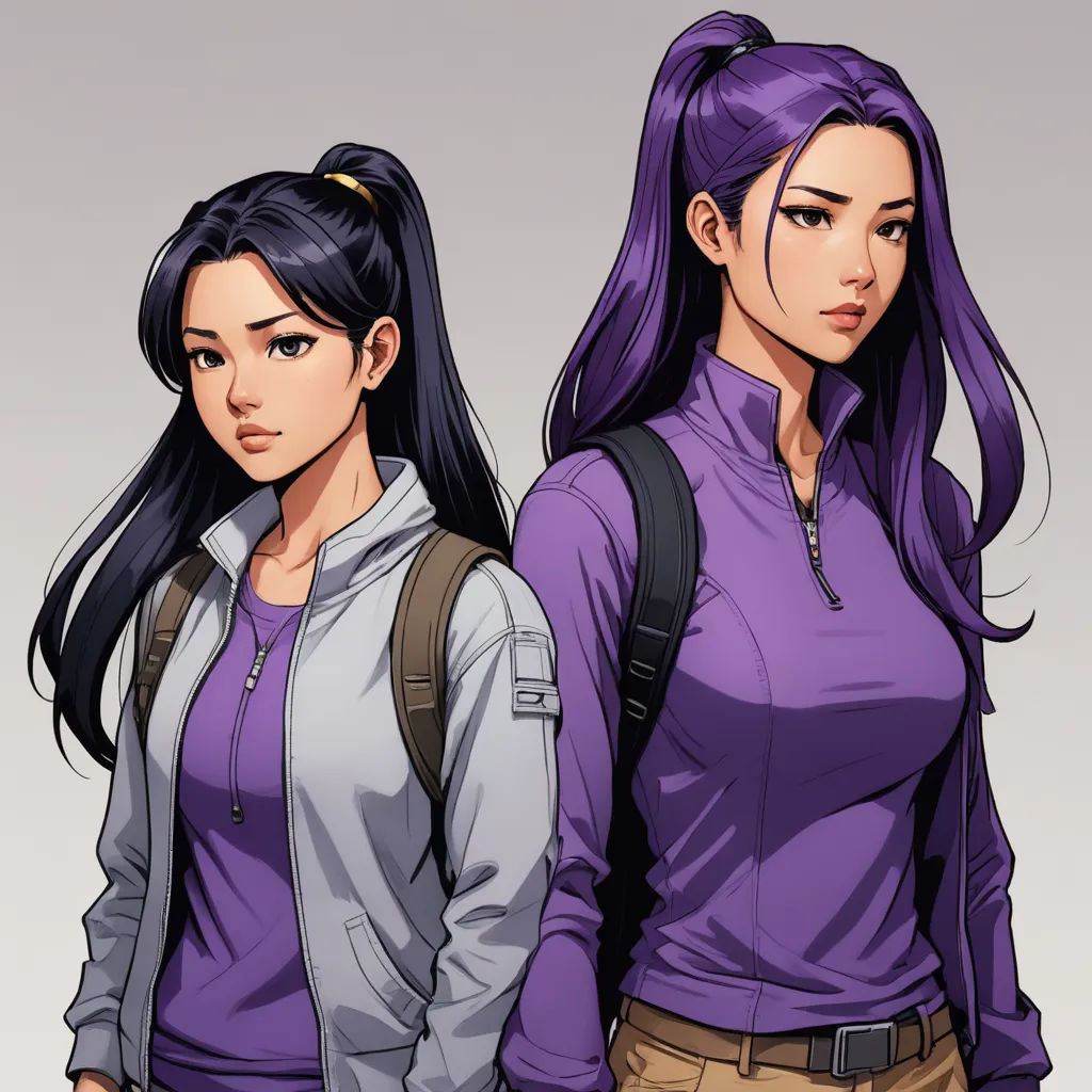 two women with long hair and backpacks standing next to each other, one of them is wearing a purple shirt, serial art, a character portrait, Artgerm, character art