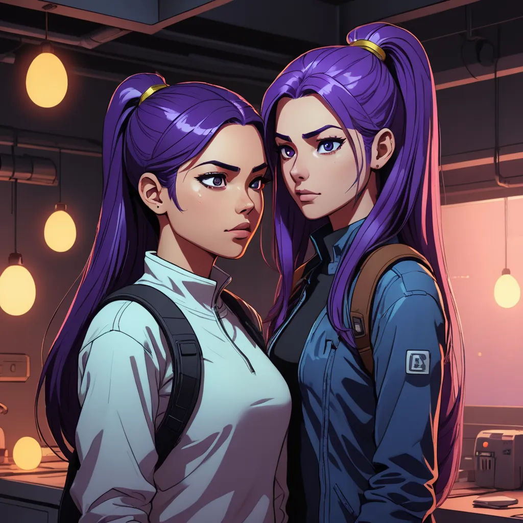 two women standing next to each other in a room with lights on the ceiling and a light fixture above them, serial art, cyberpunk art, Artgerm, trending on artstation hq