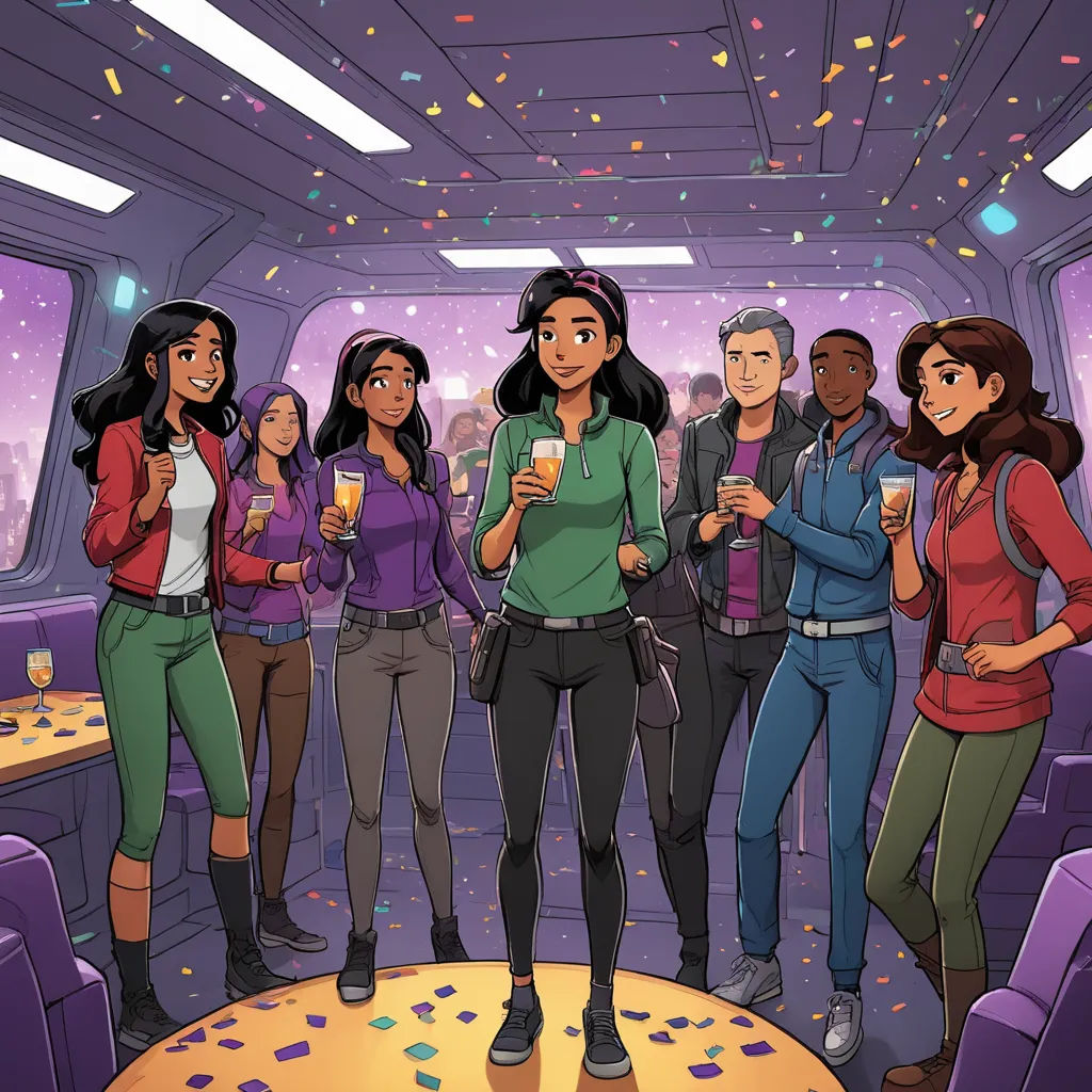 a group of people standing in a room with confetti on the ceiling and confetti on the floor, space art, concept art, disney, official art
