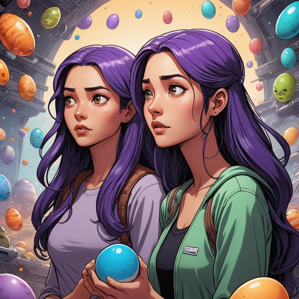 two girls standing next to each other with balloons in the background and a space filled with planets in the background, synchromism, a comic book panel, Artgerm, rossdraws global illumination
