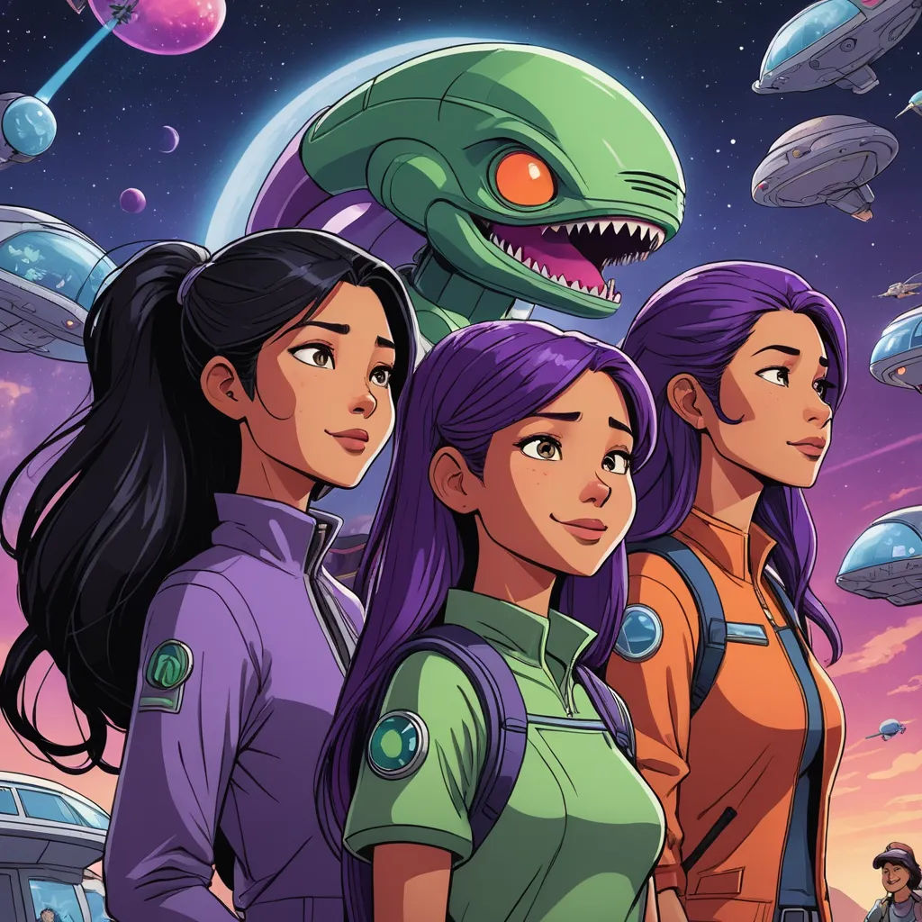 a group of people standing in front of a alien ship with a giant head on it's head, space art, poster art, Dan Mumford, comic cover art