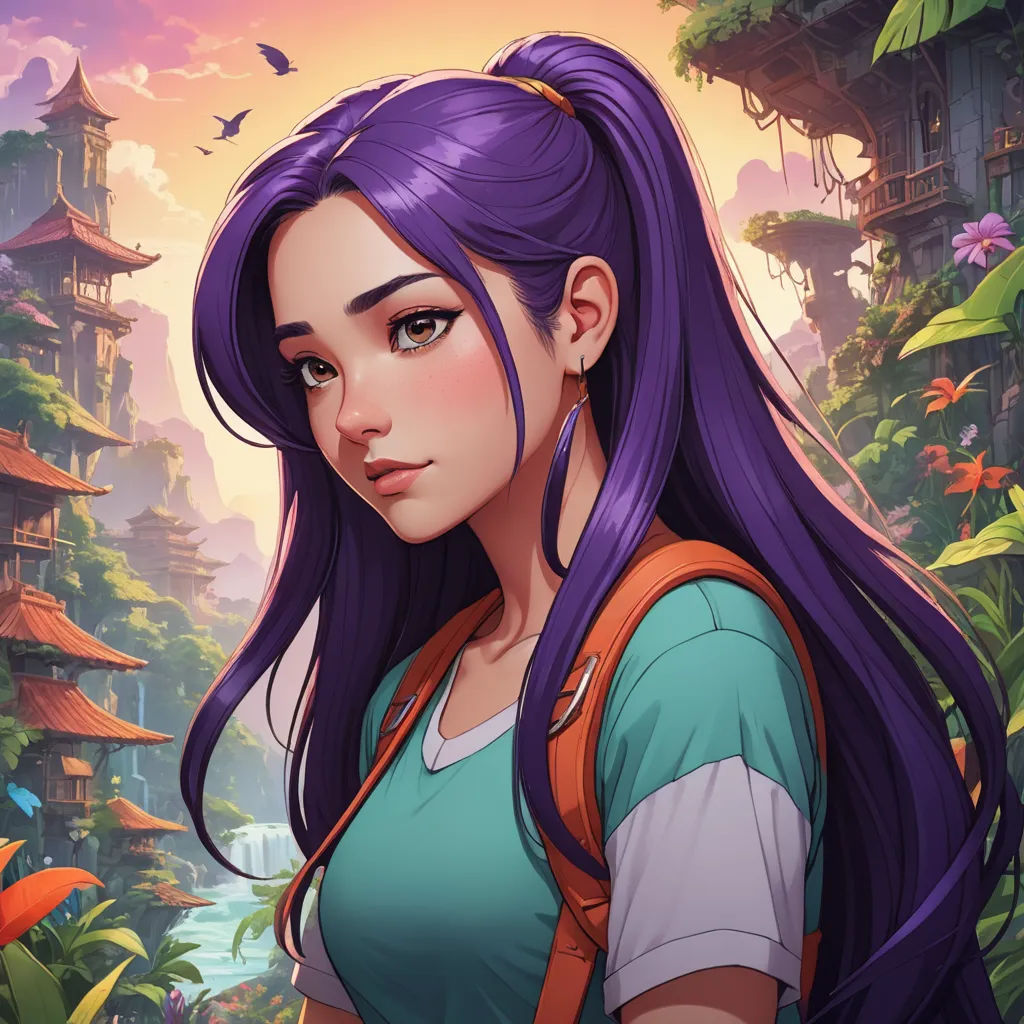 a girl with purple hair and a backpack in a jungle setting with a bird flying overhead and a bird flying overhead, fantasy art, a character portrait, Fan Qi, rossdraws global illumination
